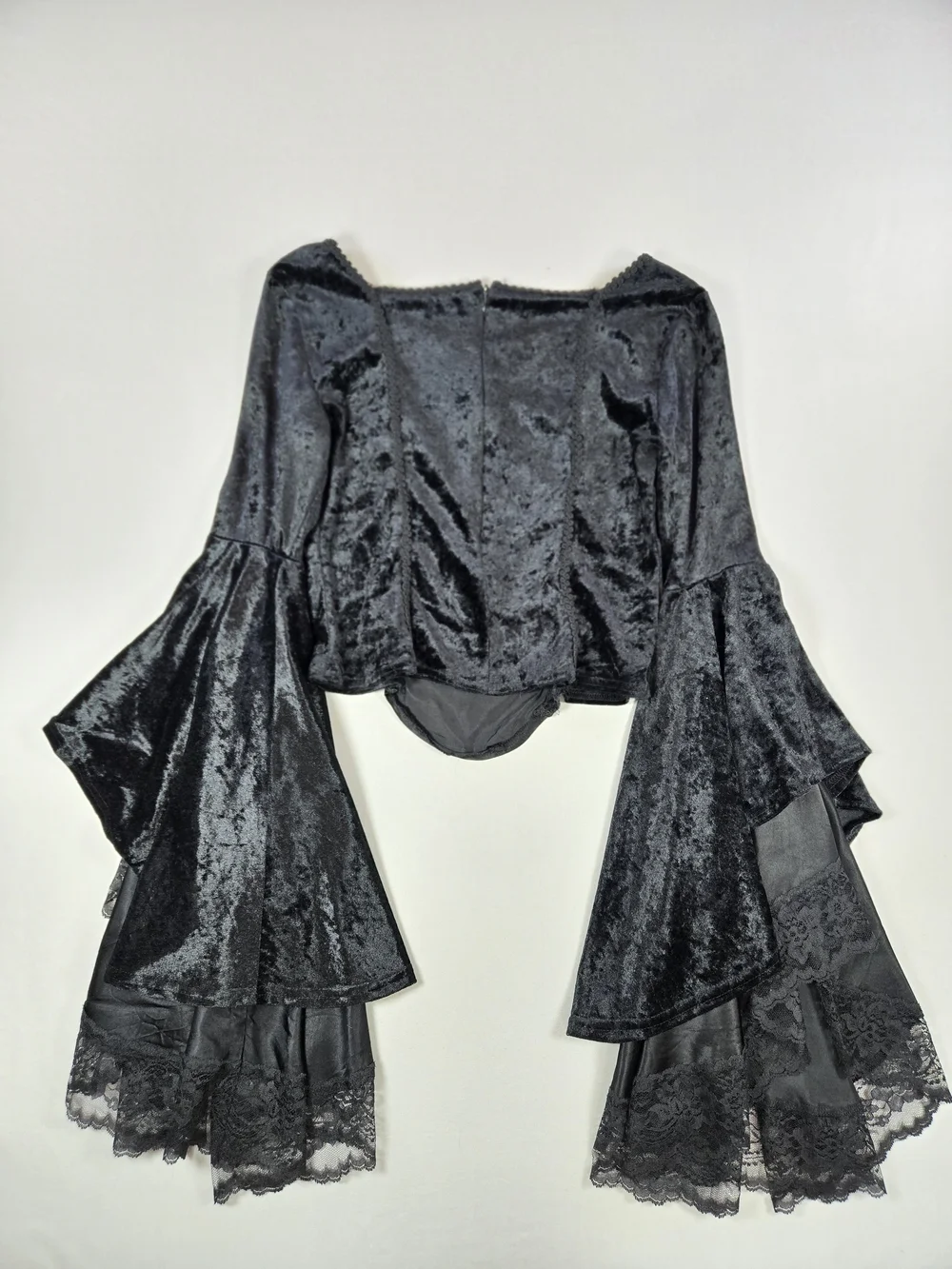 VTG Lip Service Black Velvet Satin Corset Bell Sleeve Gothic Top Size Large - Picture 5 of 12